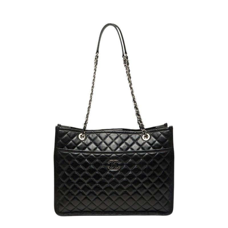Chanel Quilted CC Logo Chain Tote Bag Shoulder Black Silver Leather