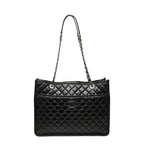 Chanel Quilted CC Logo Chain Tote Bag Shoulder Black Silver Leather