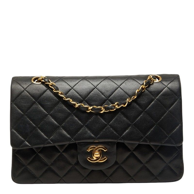 Chanel Quilted 25 CC Logo Double Flap Chain Shoulder Bag Black Gold Lambskin