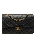 Chanel Quilted 25 CC Logo Double Flap Chain Shoulder Bag Black Gold Lambskin