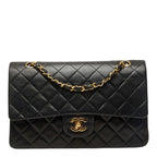 Chanel Quilted 25 CC Logo Double Flap Chain Shoulder Bag Black Gold Lambskin