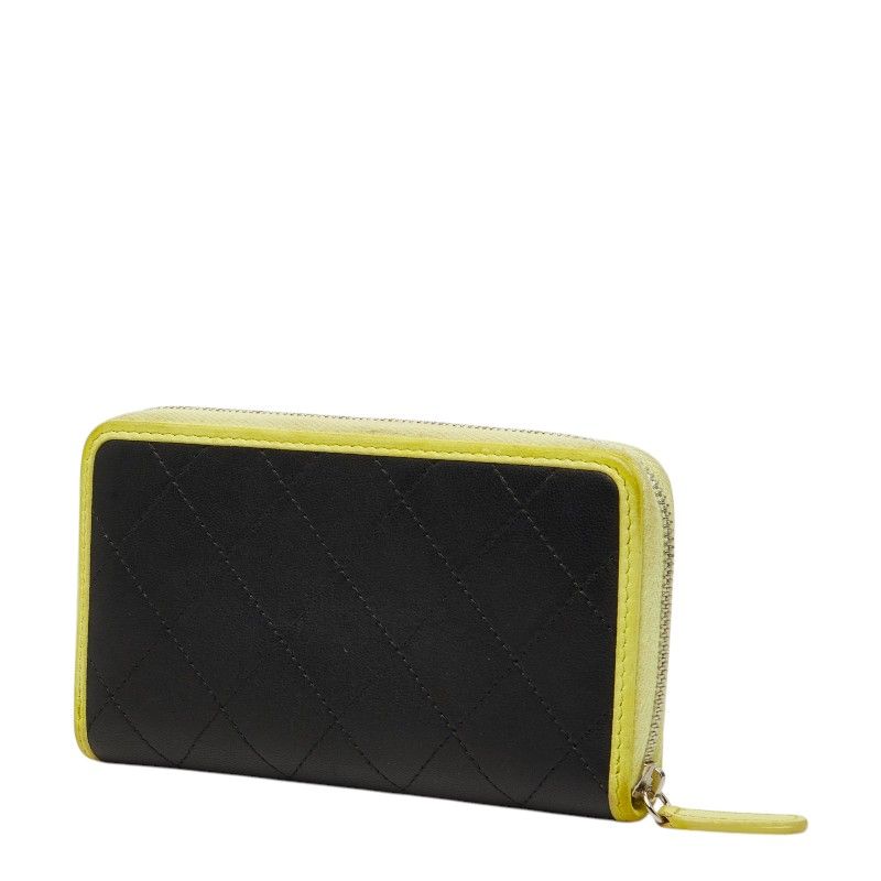 Chanel CC Logo Quilted Zip Around Wallet Black Yellow Leather — view 2