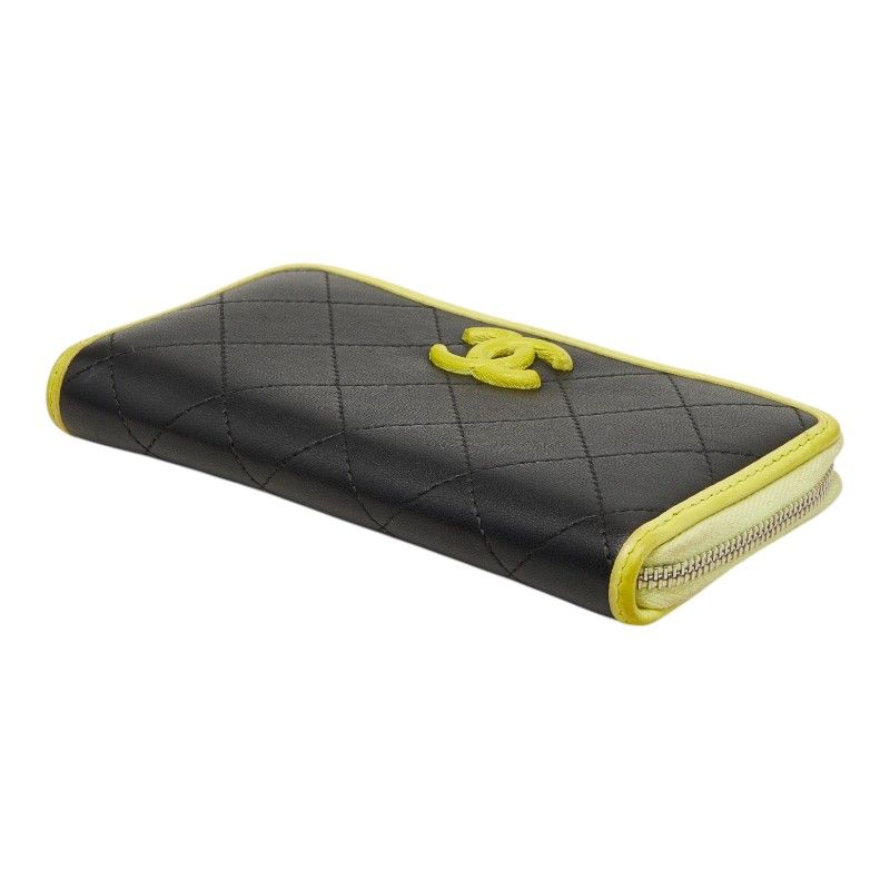 Chanel CC Logo Quilted Zip Around Wallet Black Yellow Leather — view 4
