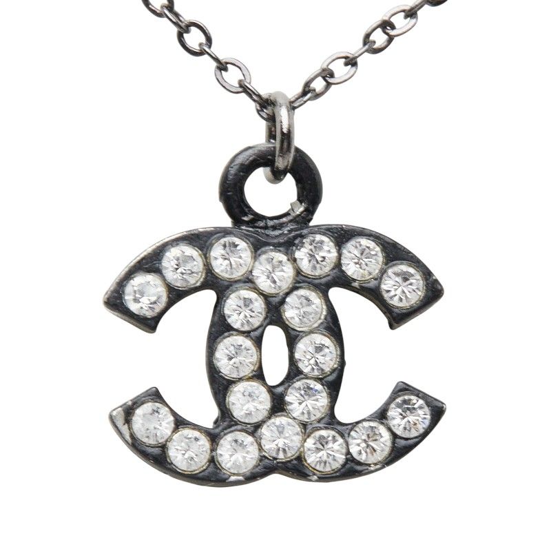 Chanel CC Logo Necklace Black Metal Rhinestone — view 2