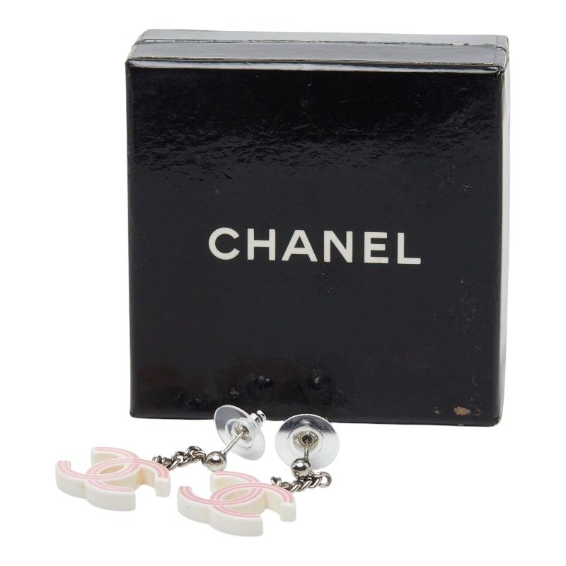 Chanel CC Logo Earrings Pink Ivory Silver Plastic Metal — view 4