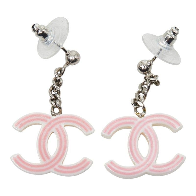 Chanel CC Logo Earrings Pink Ivory Silver Plastic Metal — view 2