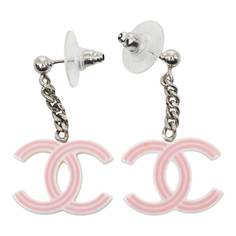 Chanel CC Logo Earrings Pink Ivory Silver Plastic Metal — view 3
