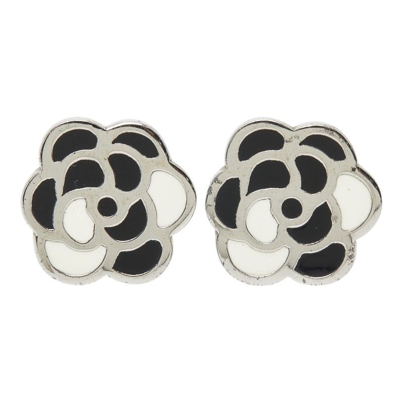 Chanel Camellia Earrings Silver Black Metal