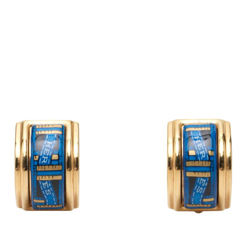Hermes Enamel Cloisonne Earrings Gold Blue Plated