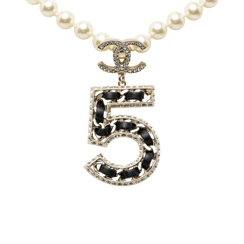 Chanel CC Logo Necklace Gold Black Plated Faux Pearl Rhinestone