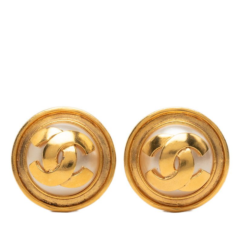 Chanel CC Logo Vintage Round Earrings Gold Plated Faux Pearl