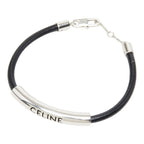 Celine Logo Tube Bracelet Black Silver Metal Leather