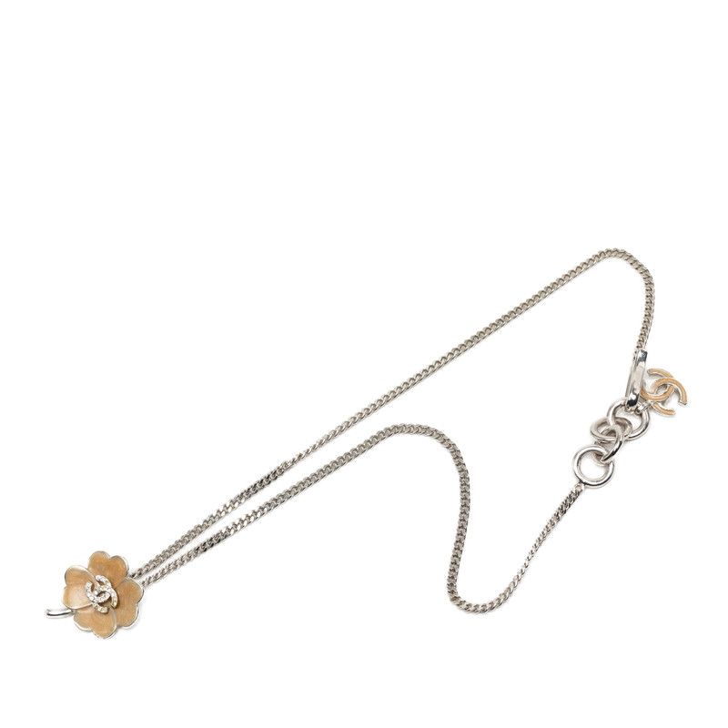 Chanel CC Logo Clover Motif Necklace Silver Beige Metal Rhinestone — view 3