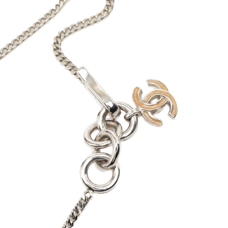 Chanel CC Logo Clover Motif Necklace Silver Beige Metal Rhinestone — view 4