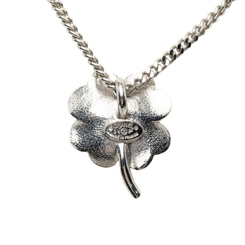 Chanel CC Logo Clover Motif Necklace Silver Beige Metal Rhinestone — view 2
