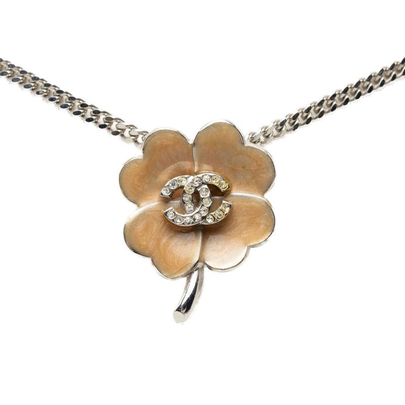 Chanel CC Logo Clover Motif Necklace Silver Beige Metal Rhinestone