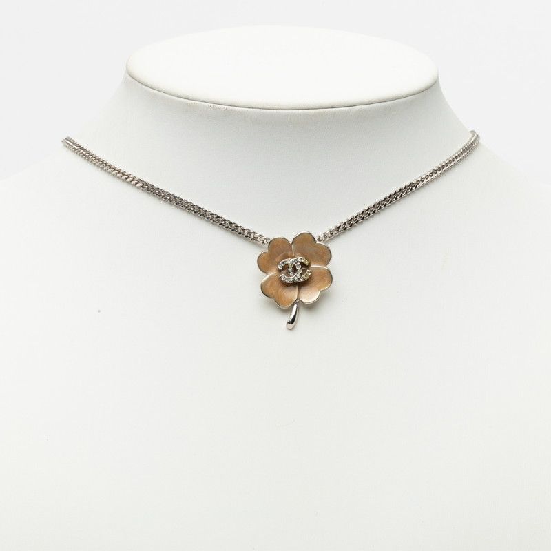 Chanel CC Logo Clover Motif Necklace Silver Beige Metal Rhinestone — view 5