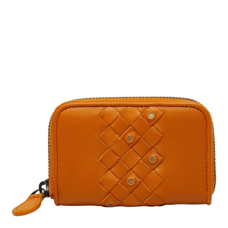 Bottega Veneta Intrecciato Zip Around Coin Purse Orange Brown Leather