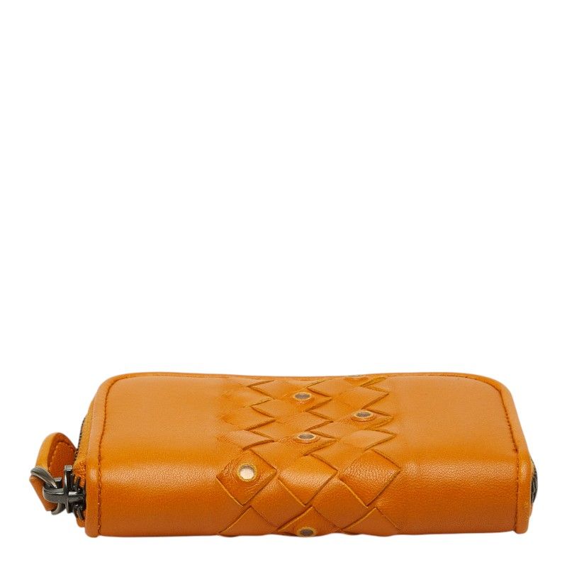 Bottega Veneta Intrecciato Zip Around Coin Purse Orange Brown Leather — view 3