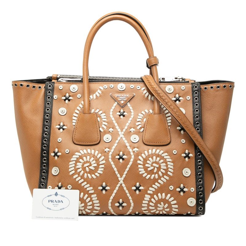 Prada 2-Way Brown White Saffiano Leather Shoulder Bag — view 6