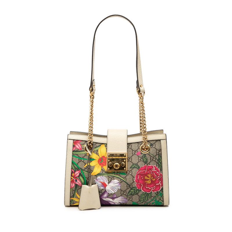 Gucci GG Supreme Flora Padlock Chain Tote Shoulder Bag Beige Multicolor Leather