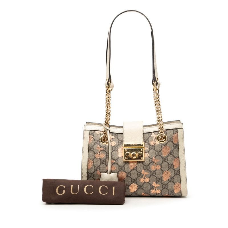 Gucci GG Supreme Padlock Berry Chain Tote Shoulder Bag Beige Ivory Leather — view 7
