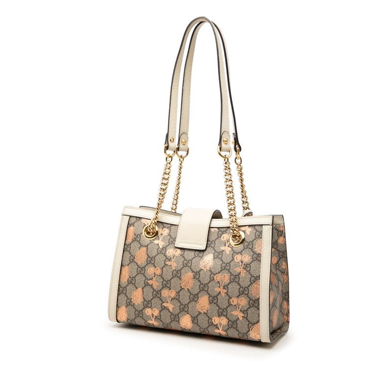 Gucci GG Supreme Padlock Berry Chain Tote Shoulder Bag Beige Ivory Leather — view 2
