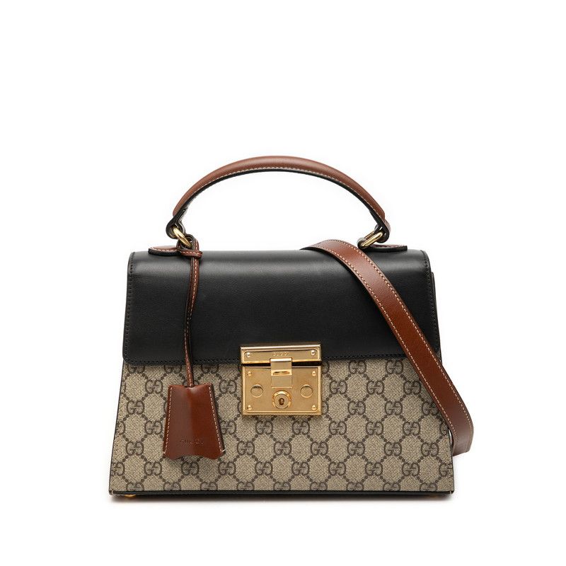 Gucci GG Supreme Padlock 2-Way Shoulder Bag Beige Black Brown Leather