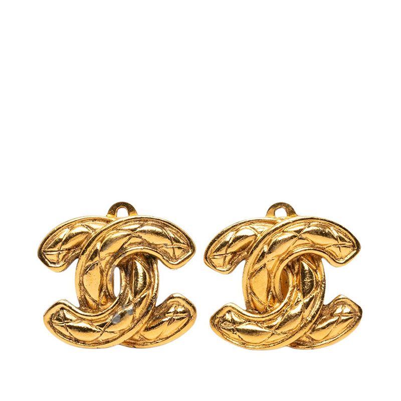 Chanel Quilted CC Logo Vintage Earrings Gold Plated