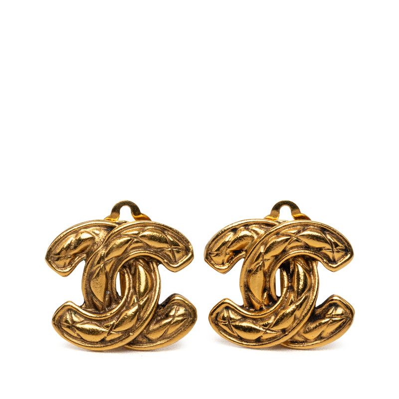 Chanel CC Logo Quilted Earrings Gold Plated