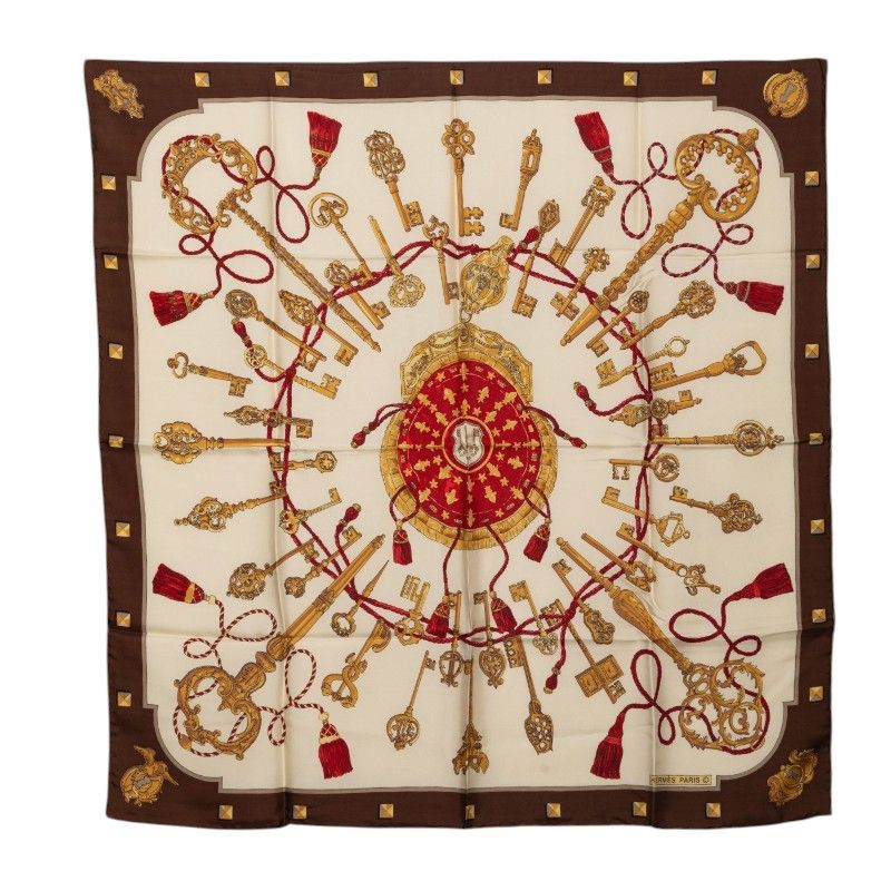 Hermes Carre 90 les Cles Key Scarf Beige Multicolor Silk