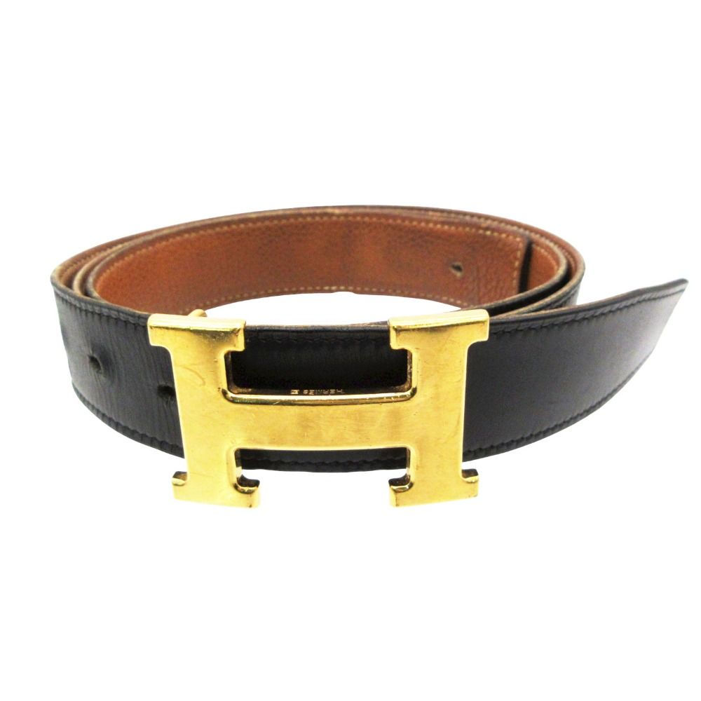 Hermes Belt Constance Reversible Logo Buckle Gold Black 95