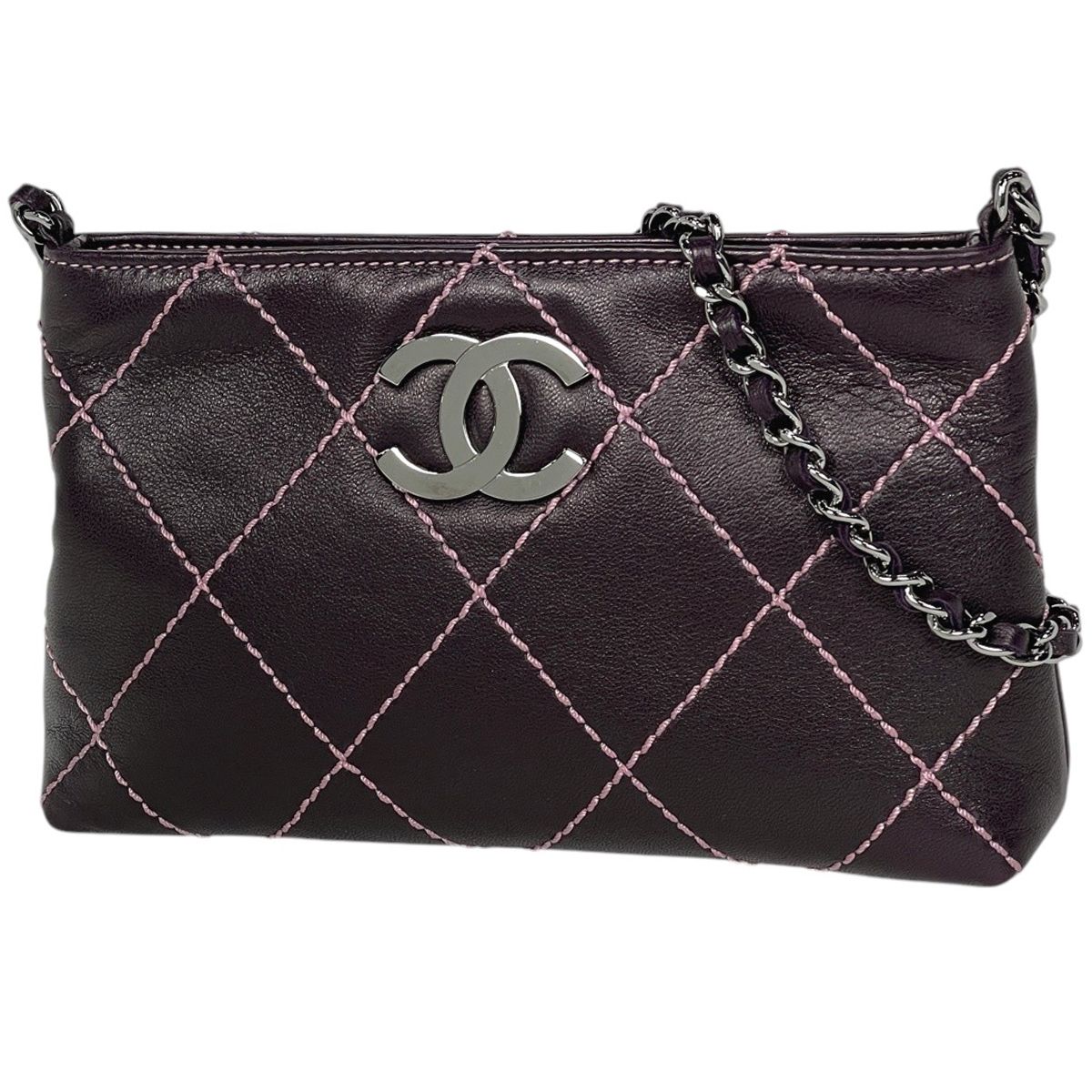 Chanel Pouch Wild Stitch CC Logo Leather Purple