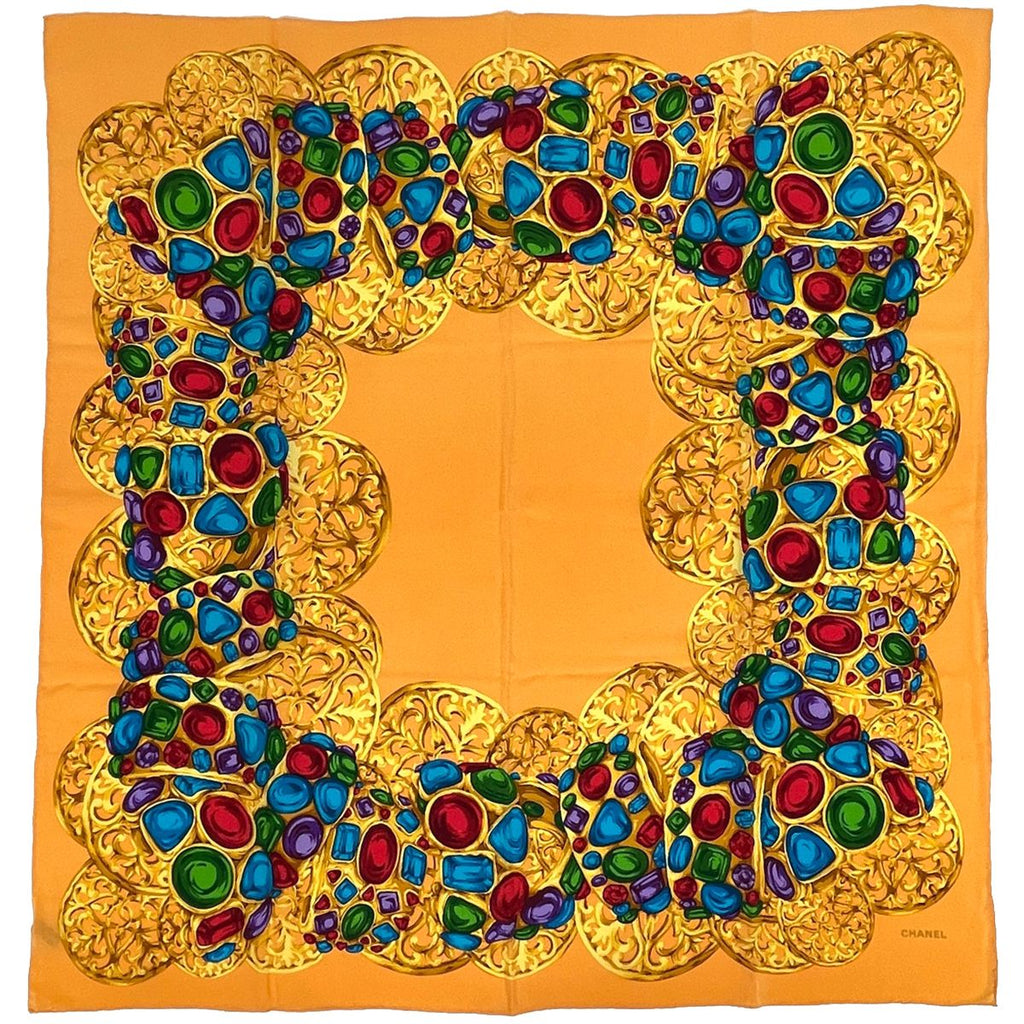 Chanel Scarf CC Logo Bijou Pattern Silk Yellow Multicolor