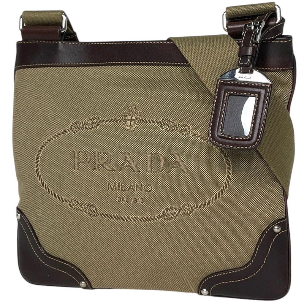 Prada Shoulder Bag Logo Jacquard Canvas Beige Brown
