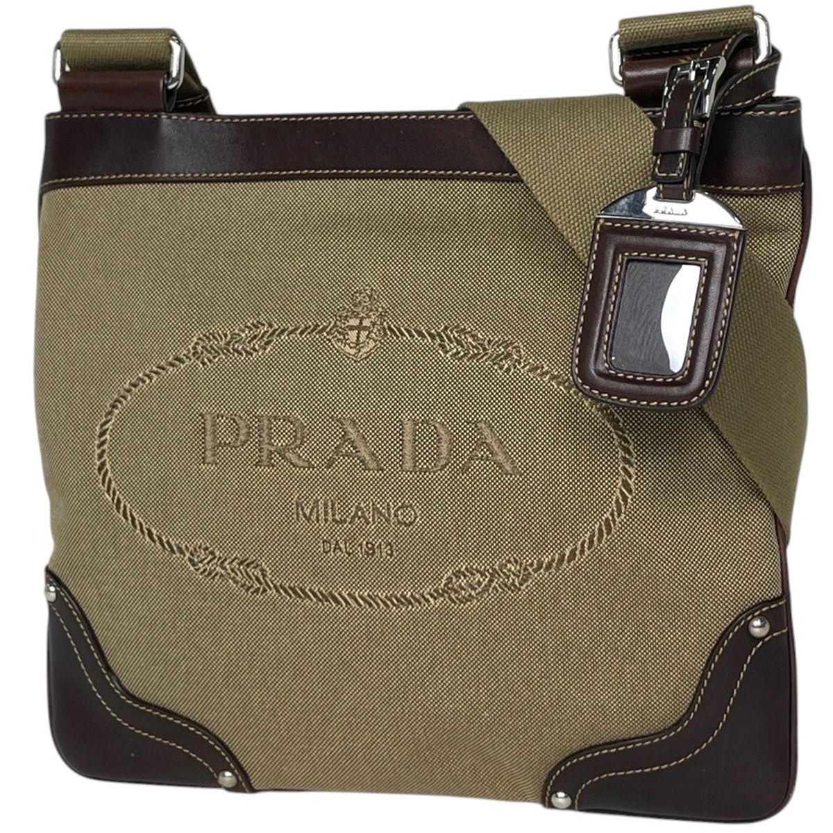 Prada Shoulder Bag Logo Jacquard Canvas Beige Brown