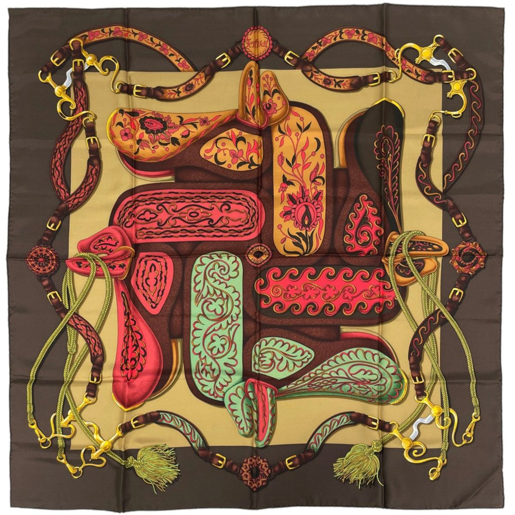 Hermes Carre 90 Festival Scarf Silk Brown Multicolor
