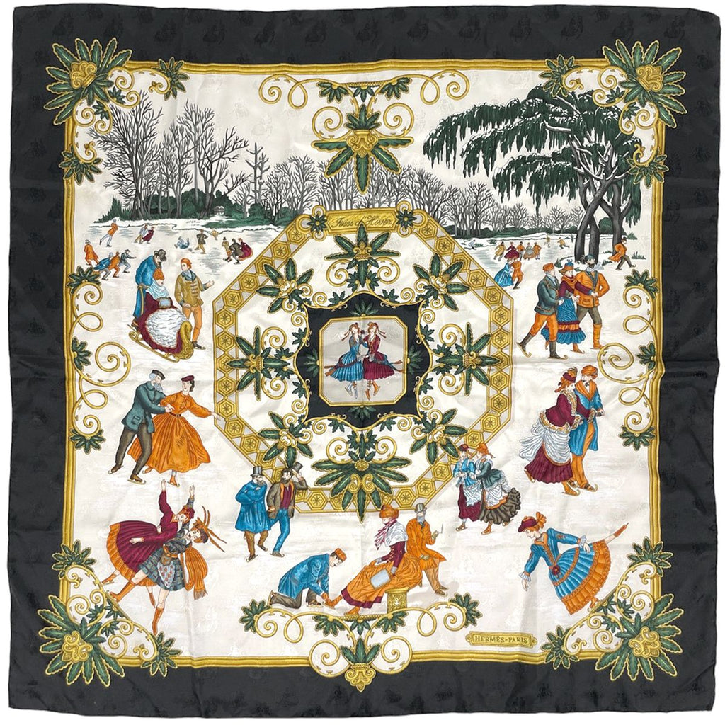 Hermes Carre 90 Joies D Hiver Scarf Winter Fun Silk Black Multicolor
