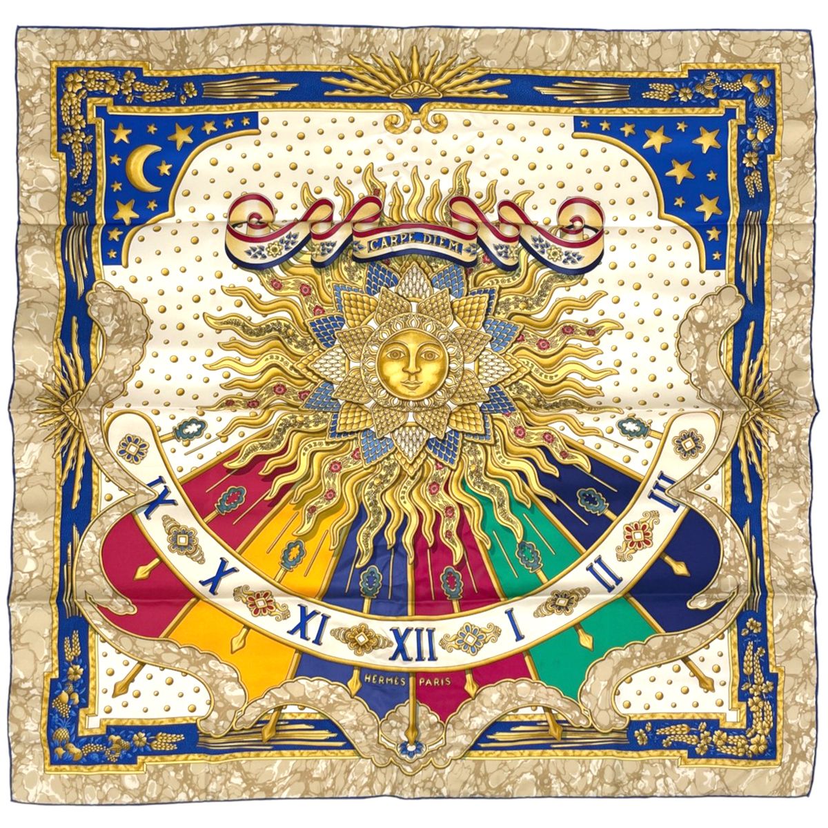 Hermes Carre 90 Carpe Diem Scarf Enjoy Your Day Sun Moon Silk Blue Multicolor