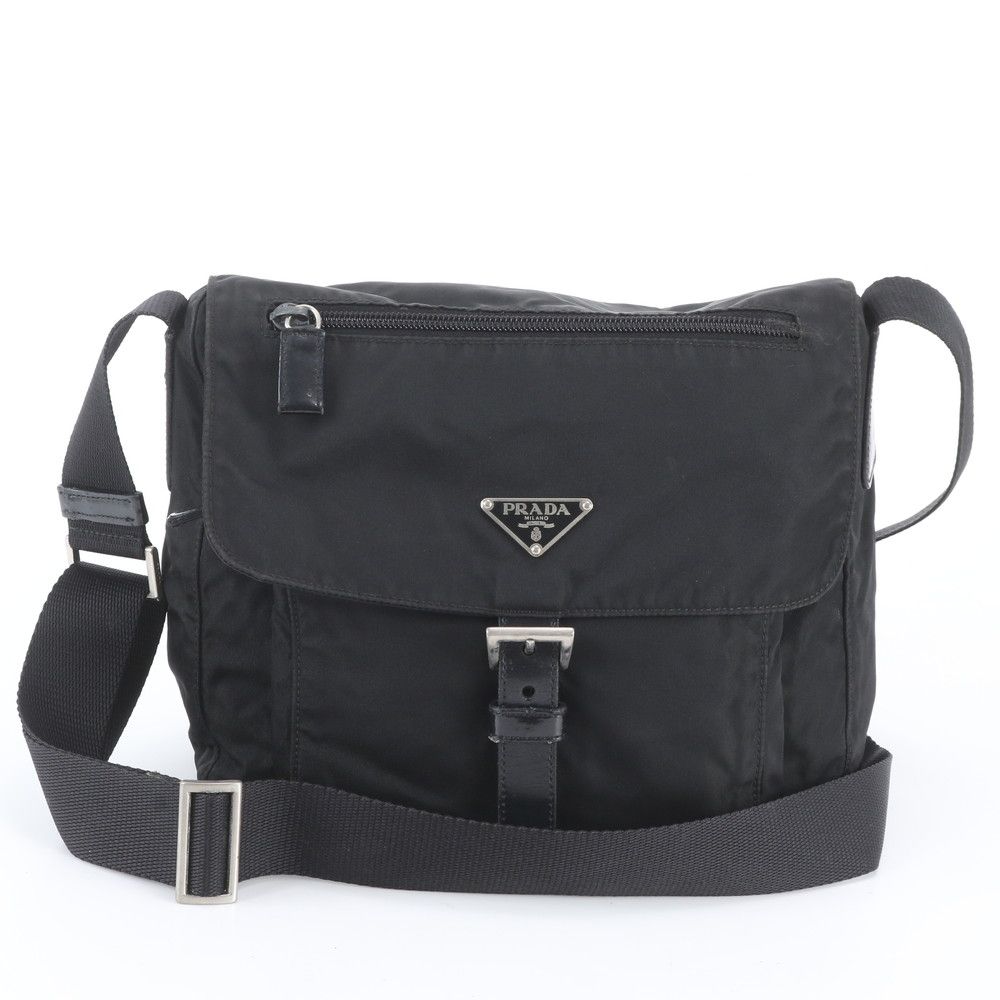 Prada Tessuto Nylon Triangle Logo Leather Shoulder Bag Crossbody Black
