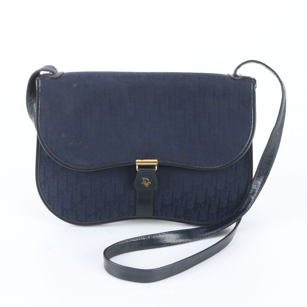 Dior Trotter Leather Canvas Shoulder Bag Crossbody Navy