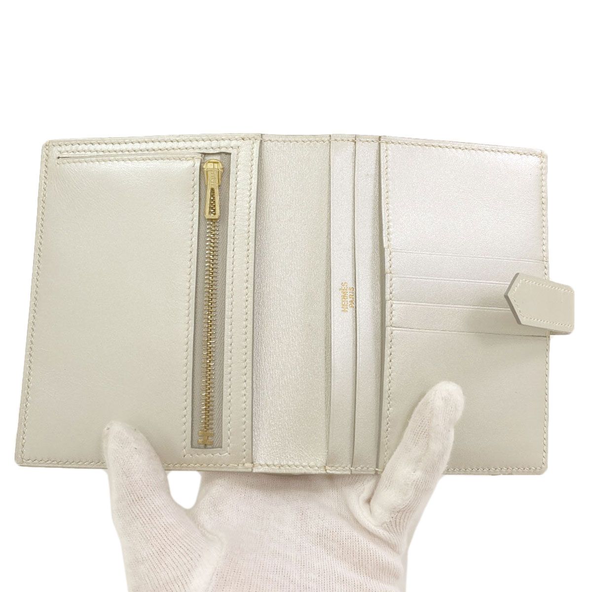 Hermes Bearn Compact Gold Bifold Wallet with Coin Pocket Box Calf — view 4