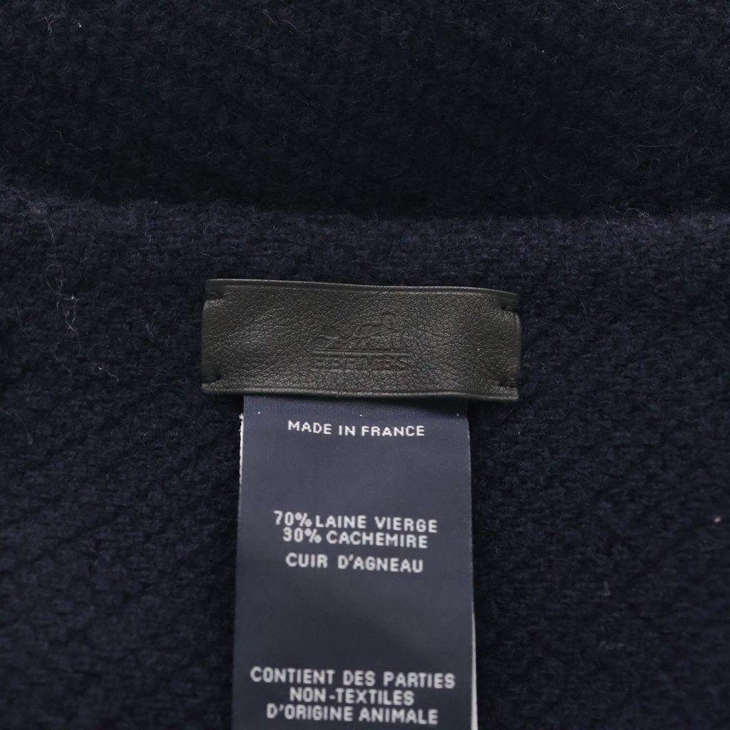 Hermes Large Shawl Logo Button Navy Leather Trim Scarf — view 5