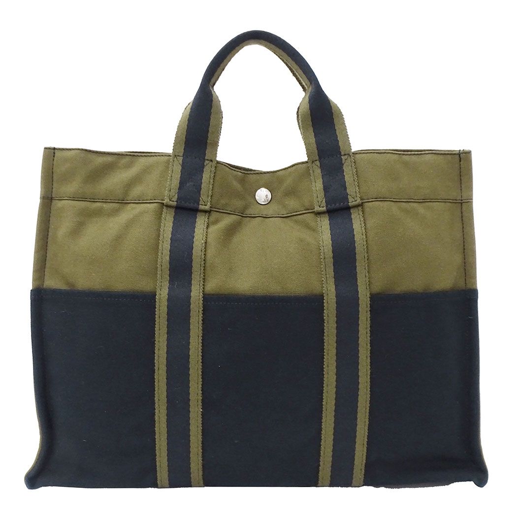 Hermes Tote Fourre Tout MM Canvas Khaki Green Navy Handbag Going Out Everyday
