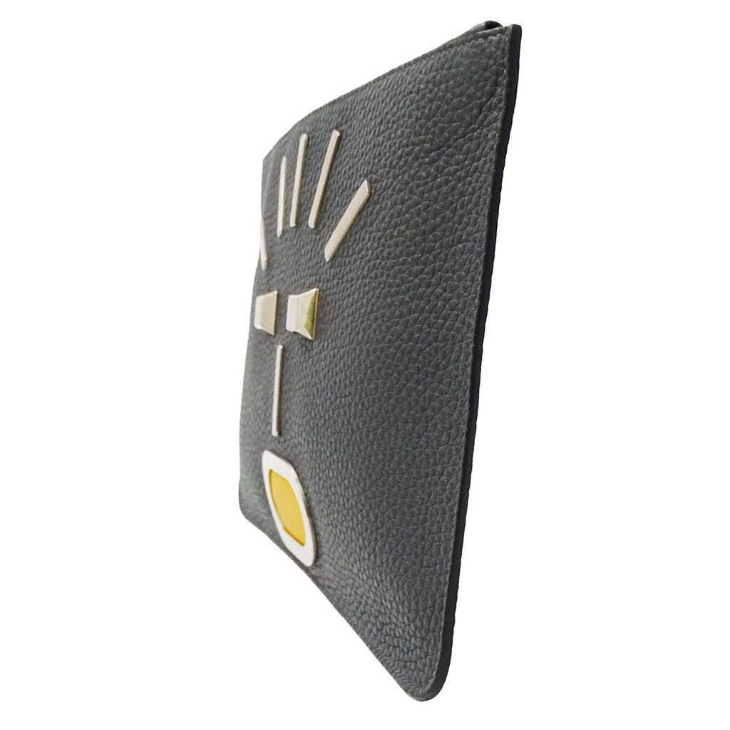 Fendi Clutch Leather Charcoal Gray Handle Unique Face Studs — view 4