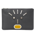 Fendi Clutch Leather Charcoal Gray Handle Unique Face Studs