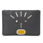 Fendi Clutch Leather Charcoal Gray Handle Unique Face Studs