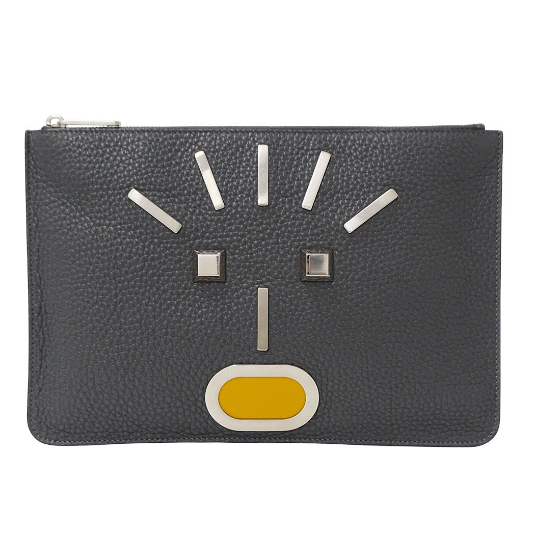 Fendi Clutch Leather Charcoal Gray Handle Unique Face Studs