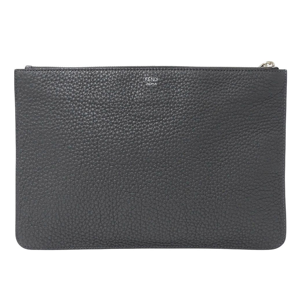 Fendi Clutch Leather Charcoal Gray Handle Unique Face Studs — view 2