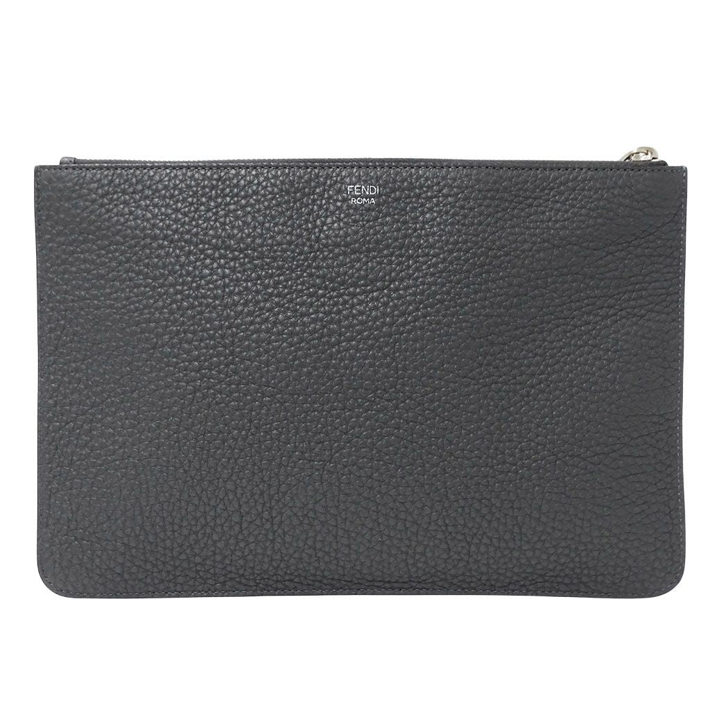 Fendi Clutch Leather Charcoal Gray Handle Unique Face Studs — view 2